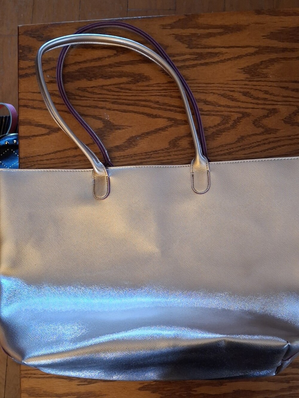 NWT Bath & Body Works Metallic Silver Tote Bag with Purple-Trim Handles